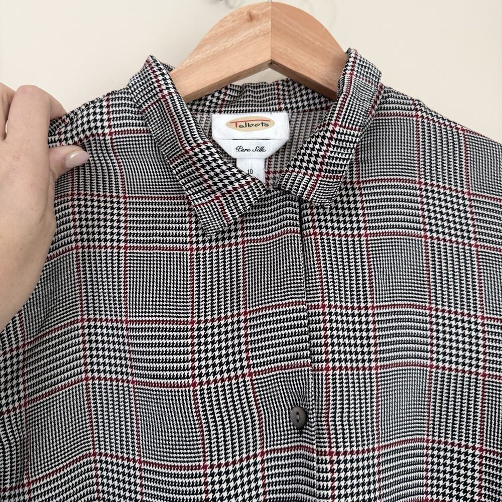 Talbots Pure Silk Blouse Womens Size 10 Plaid Houndstooth Button Up Classic